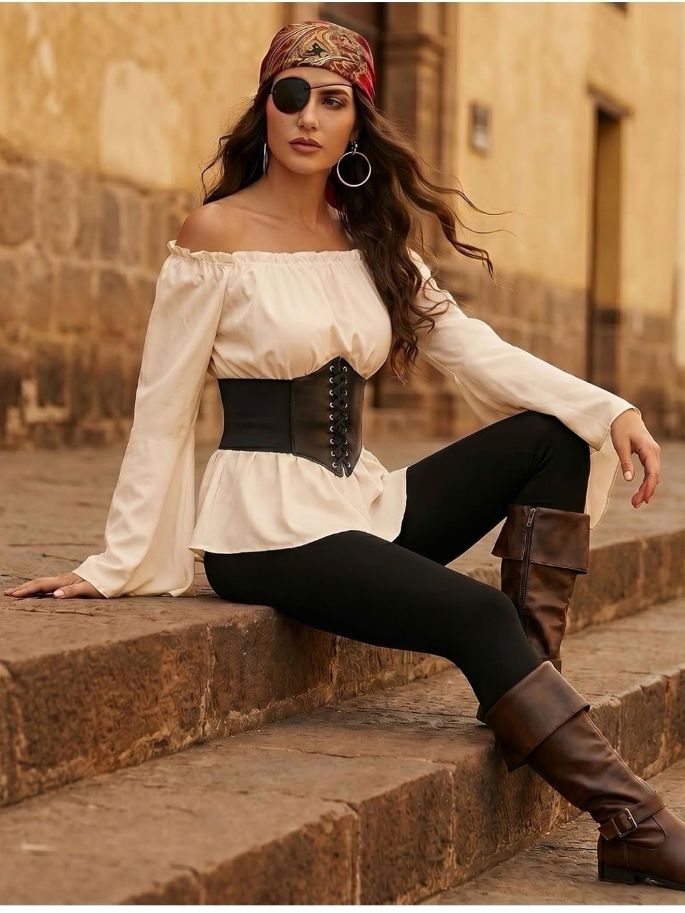 Pirate Costume With Accessories Renaissance Blouse Belt Earring and Eye Patch